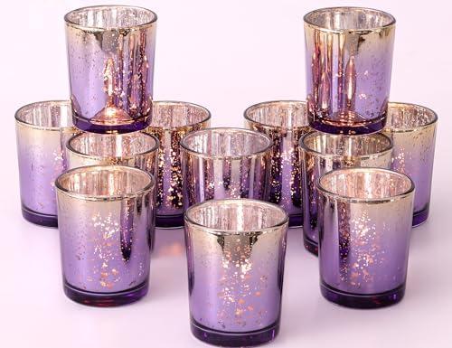 Volens Purple Votive Candle Holders Set of 11, Speckles Mercury Glass Tealight Candle Holder Bulk for Table Wedding Centerpiece, Purple and Gold Party Decorations & Home Decor