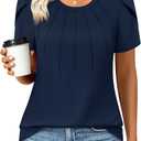 Anyhold Womens Tops Dressy Casual Summer Short Sleeve Blouse Dress Shirt (Blue, XXL)