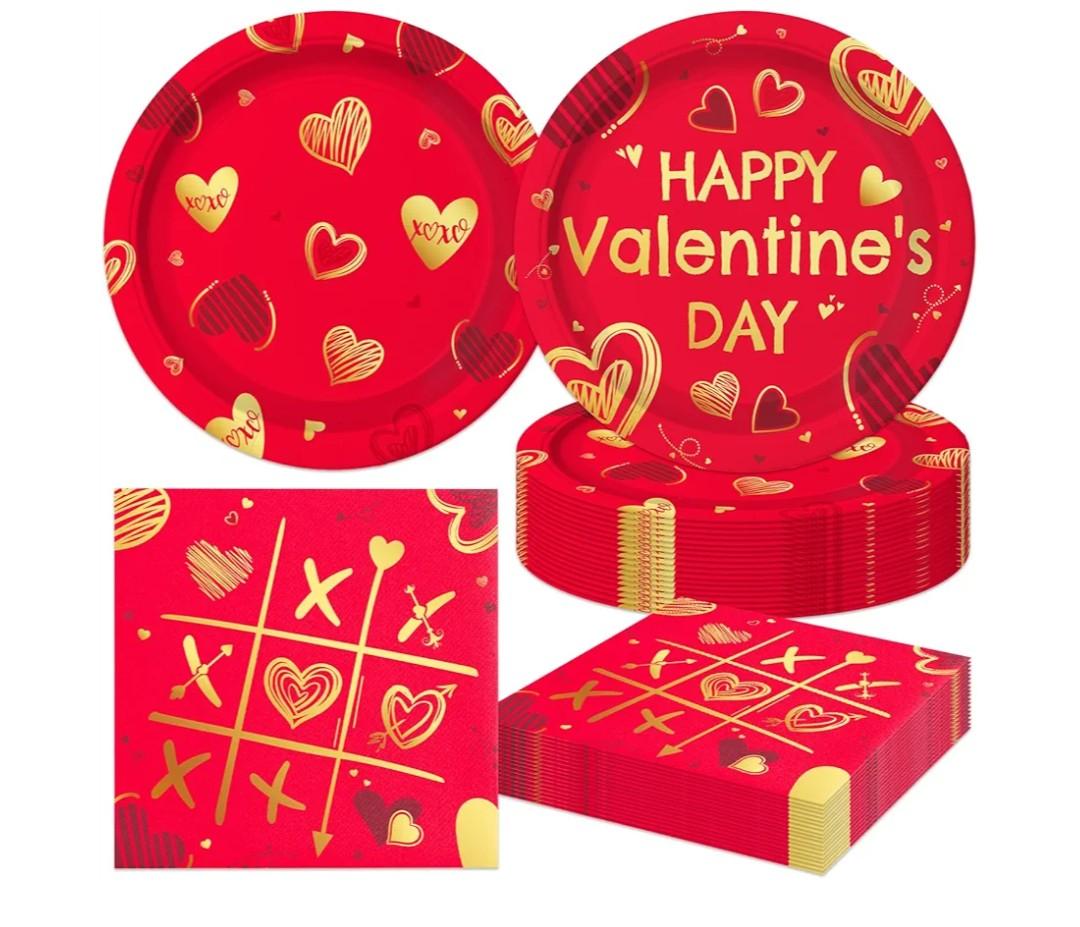 48Pcs Valentine's Day Party Supplies for 24 Guests Red Hearts Love Tableware Supplies Party Plates and Napkins for Valentine's Day Engagement Anniversary Party Decorations