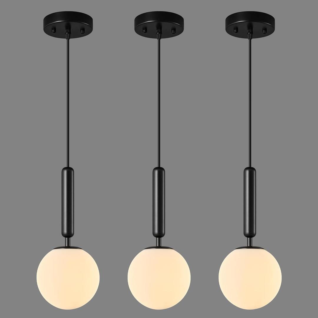 Modern Hanging Light Fixture Pendant Lighting for Kitchen Island Mid Century Black Pendant Lights with Globe Milky White Glass Pendant Light for Bedroom Bathroom Entryway (3 Pack)
