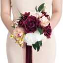 Ling's Moment Artificial Flowers Red Bridesmaid Bouquet, Marsala & Blush Wedding Flowers Bouquets for Bridesmaids, 7 Inch Bridal Bouquets for Bridesmaids, Wedding Decor, Ceremony, etc