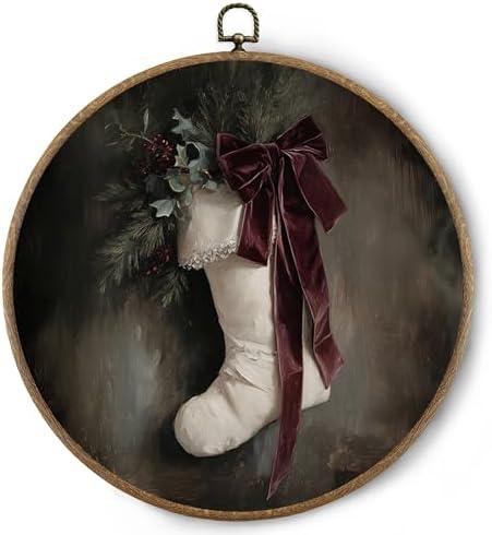 BitKAM Vintage Christmas Round Wall Art Decor, Moody Christmas Canvas Prints Framed, Winter Xmas Red Bow Stocking Wall Hanging Decorations for Home Bedroom Living Room, 10x10 Inch Wall Sculptures