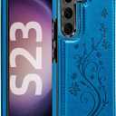 Korecase Wallet Phone Case for Samsung Galaxy S23 with Card Holder, Butterfly Floral PU Leather Back Flip Case -Blue