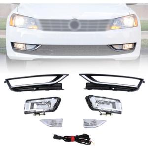 Fog Light Kit 7 PCS Set Fit for Volkswagen Passat 2012 2013 2014 2015 561941700B 561941699B Left Driver＆Right Passenger Side Front Bumper Driving Fog Lamp Bezel w/Chrome Trim＆Wiring Harness
