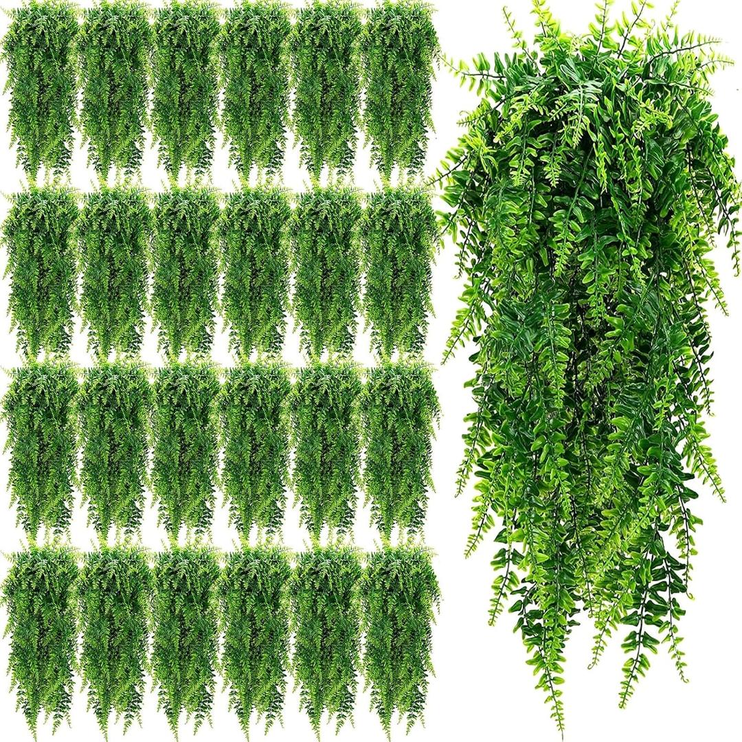 XunYee 28 Pcs Artificial Hanging Plants 32 Inch Plastic Fern Vine Fake Greenery Plant Faux Eucalyptus Vine for Wall Room Wedding Indoor Outdoor Decor, No Baskets (Boston Fern)