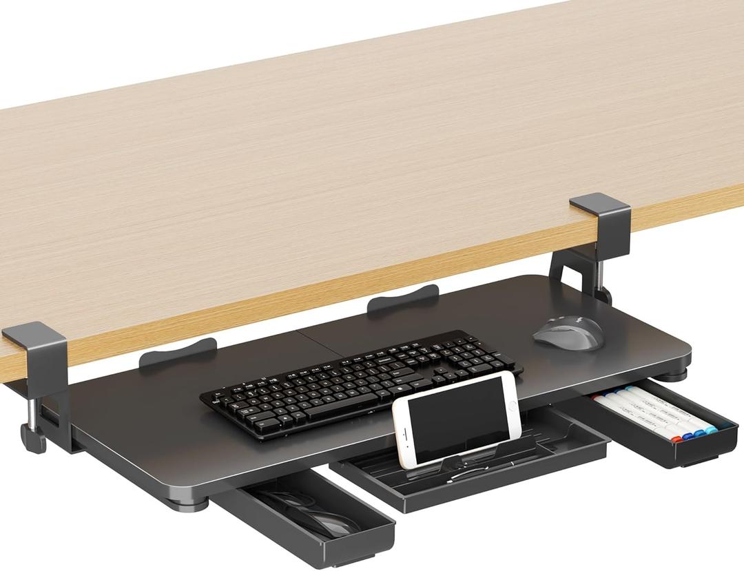 Keyboard Tray Under Desk with Storage Drawer Large C-Clamp 26.7(31 Including Clamps) x 11.8 Slide-Out Platform Computer Drawer Pull Out Keyboard & Mouse Tray DSF7CT