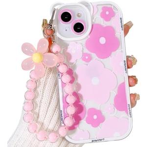 for iPhone 14 Case, Cute Clear Blue Floral Bear Camera Lens Case with Lovely Flower Wrist Strap Bracelet Chain for Women Girly,Shockproof Cover-Pink