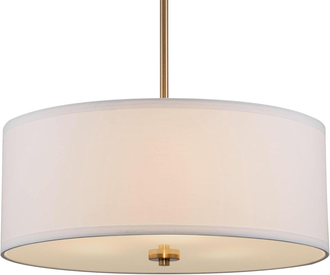 Kira Home Nolan 18" Modern Drum Chandelier with White Fabric Shade, 3-Light Gold Pendant Light with Tempered Glass Diffuser, Cool Brass Finish