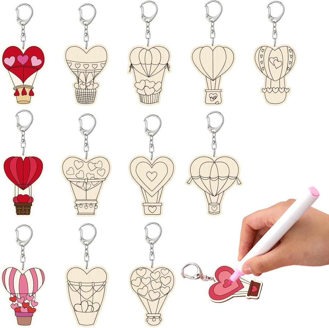 RattanView 24 Pcs Valentine's Day Heart Hot Air Balloon Craft Color Your Own Keychains DIY Craft Wooden Blank Keychains for Sunday School Classroom Home Active Party Favors Gifts, 12 Styles