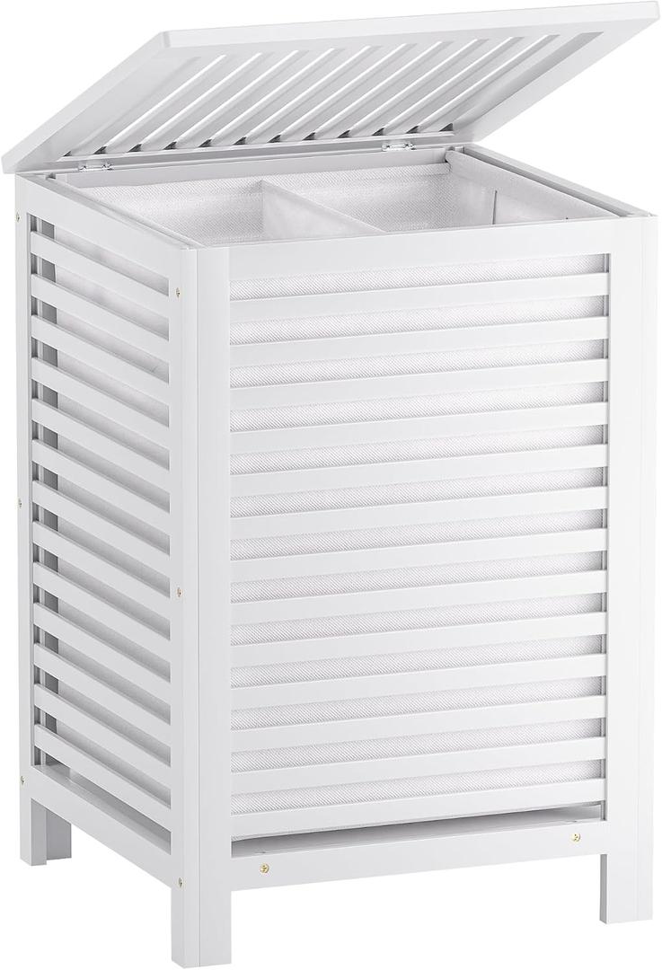 SMIBUY Double Laundry Hamper with Lid, 120L Bamboo Laundry Basket with Removable Liner Bag, 2-Section Clothes Divider Laundry Sorter for Laundry Room, Bathroom, Bedroom (White)