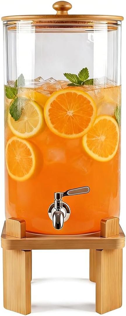 3 Gallon Large Glass Drink Dispenser for Parties, Glass Beverage Dispenser with Wood Stand, Juice & Lemonade Dispenser, Iced Beverage Dispenser with Spigot, Water Dispenser for Party with lid