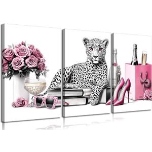 3Pcs Framed Leopard Print Canvas Wall Art Picture Fashion Cheetah Printed Stylish Pink Books High Heels Perfume Poster Painting Preppy Girl Wall Decor for Living Room Women Bedroom 12x16in