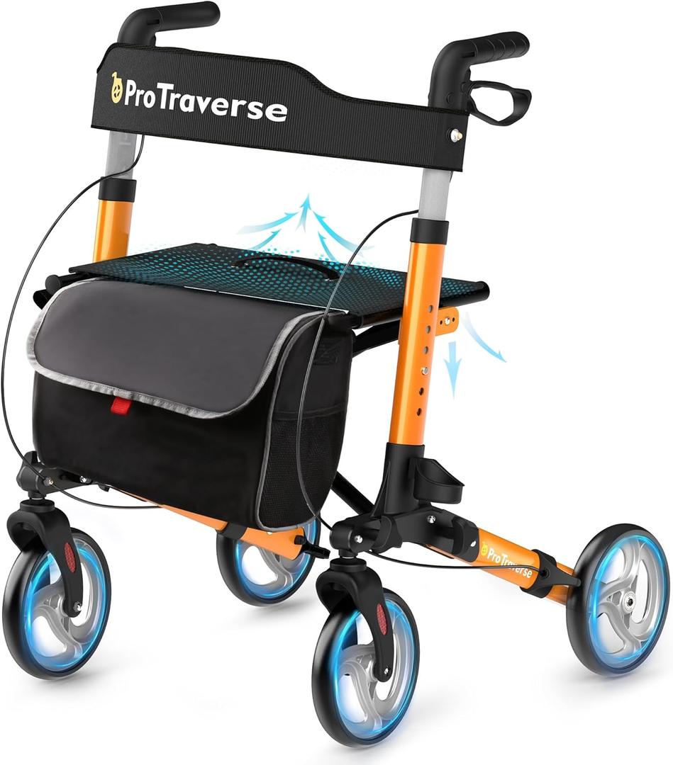 Walkers for Seniors,rollator Walker with seat,Lightweight Foldable All Terrain Rolling Walker,Adjustable Height,Rollator with Large Wheels,Walker Rollator with Seat,Orange