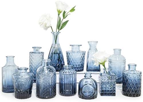 SUPMIND Glass Bud Vase Set of 12, Small Blue Flower Vases for Centerpieces in Bulk, Mini Vintage Vase for Wedding, Home,Table Decoration