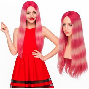 Fish Wigs Halloween Fish Costume Anime Funny Character Cosplay 26 Inches Rose Red and White Gradient Long Wigs Heat Resistant for Halloween Dress up Party Accessories