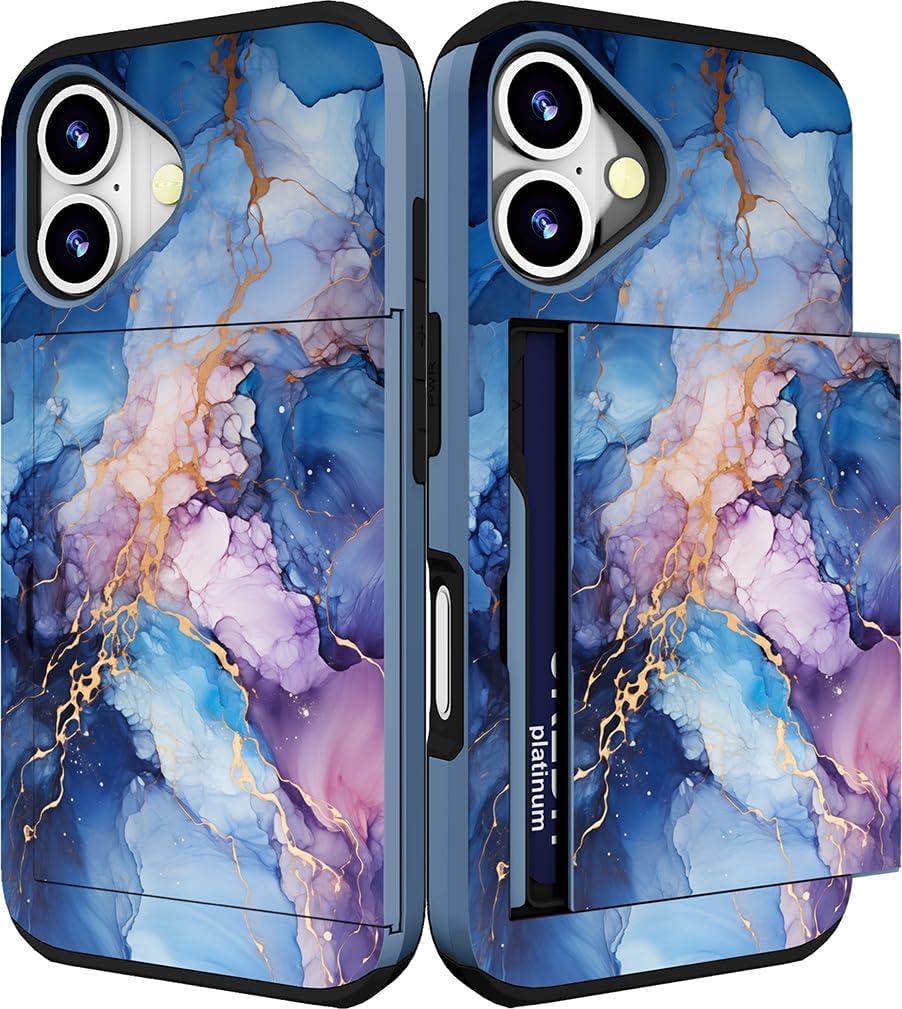 Compatible for iPhone 16 Plus Case Cute with Card Holder Shockproof Slim Slot Phone Wallet Cover for Women/Blue Pink Marble Natural Stone Swirls Painting Abstract