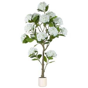 BLOSMON White Hydrangea Artificial Trees: 5ft Real Touch Faux Hydrangeas Flower Tree with Pot for Front Porch Planters Decoration Outdoor - Fake Silk Floral Plant for Home Patio Entrance Decor Indoor