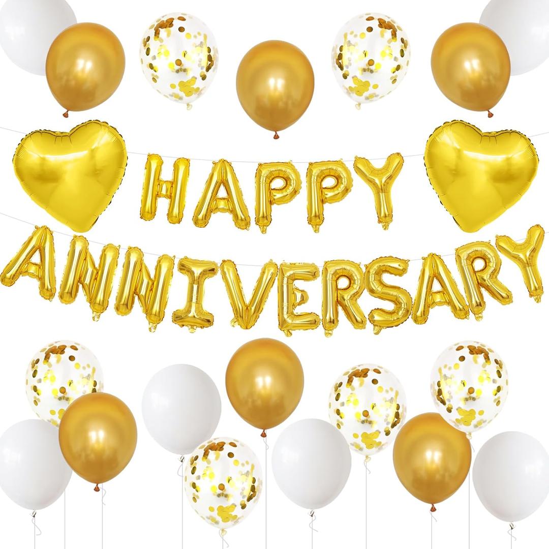 Anniversary Decorations White Gold, Happy Anniversary Foil Balloon Banner with Confetti, Latex, Foil Heart Balloons for Celebrations, Surprise Events, Romantic Night Weddings