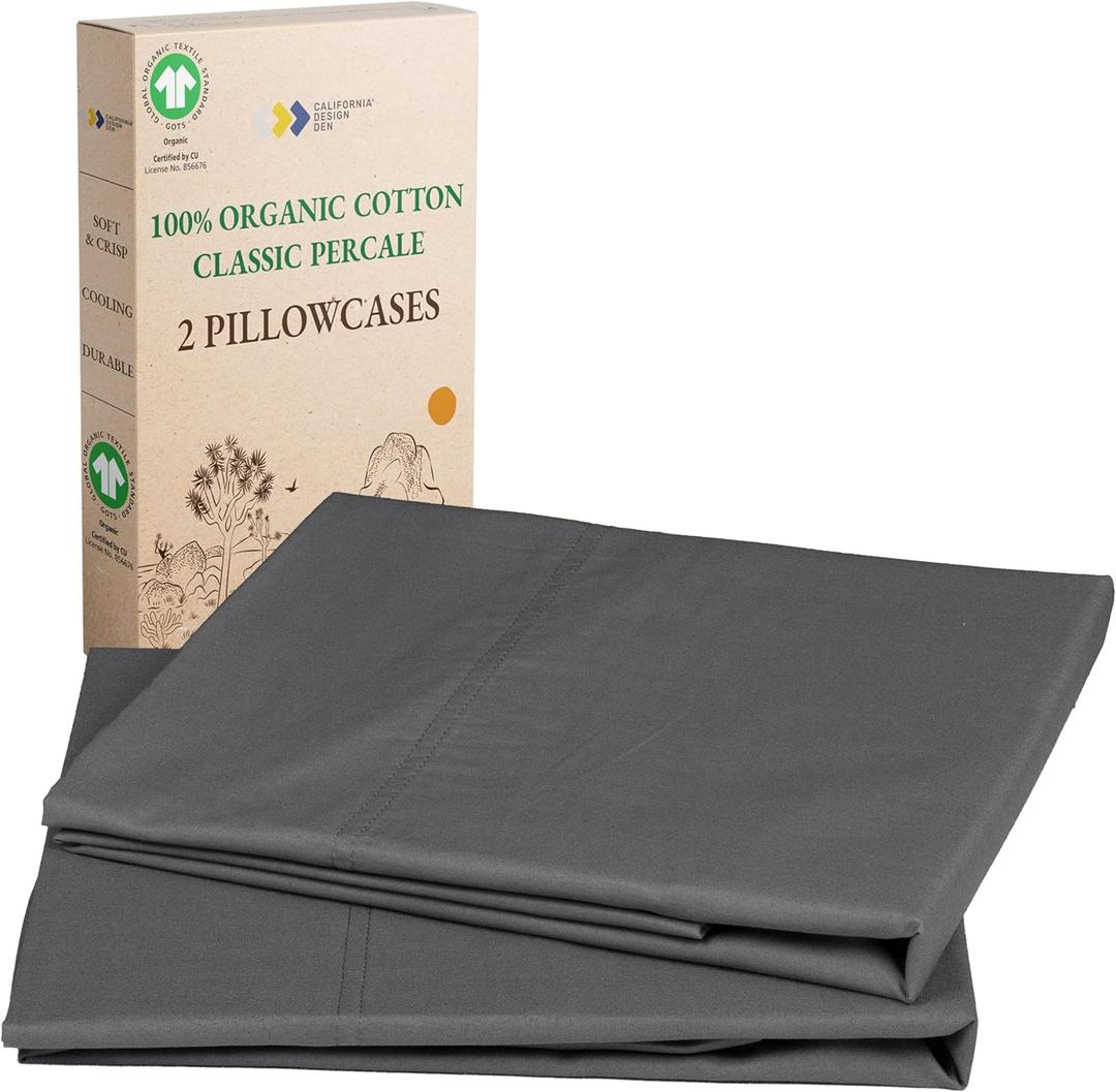 California Design Den 100% Organic Cotton Pillow Cases Queen/Standard Set of 2, Soft & Crisp Percale Weave Cotton Pillowcases (Grey)