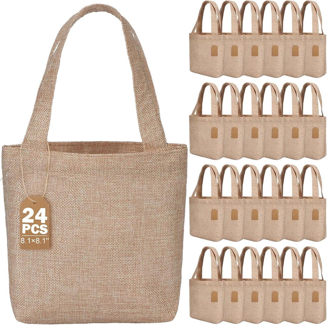 Aliceset 24 Pcs Mini Burlap Tote Bags with Handles Reusable Burlap Gift Bags with Tags Small Wedding Welcome Bridesmaids Jute Bag Bulk for Party Supplies DIY Craft (8 x 8 x 3.2 Inch,Light Brown)