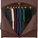 HOLDN STORAGE Portable Wardrobe Closet - 65 lb Large Capacity, Internal Heavy Duty Metal Rod, Zipper & Clear Window, Durable Clothes Organizer, Tool-Free Easy Assembly, Brown Canvas Cover