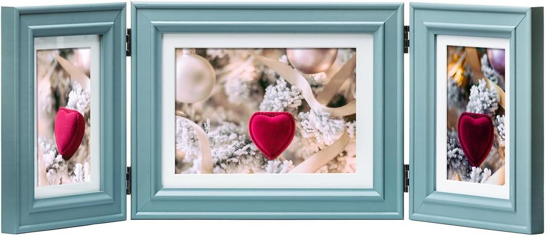 3 Picture Frame Trifold Hinged Pine Wood Photo Frame with Real Glass, Combo Display One 6x8 & Two 4x6 Photos Matted to 5x7/3x5, Free-Standing Desk Tabletop or Wall Decor, Blue