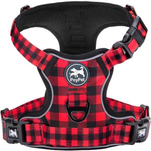PoyPet No Pull Dog Harness, [Release at Neck] Reflective Adjustable No Choke Pet Vest with Front & Back 2 Leash Attachments, Soft Control Training Handle, Plaid(Checkered Red, XS)