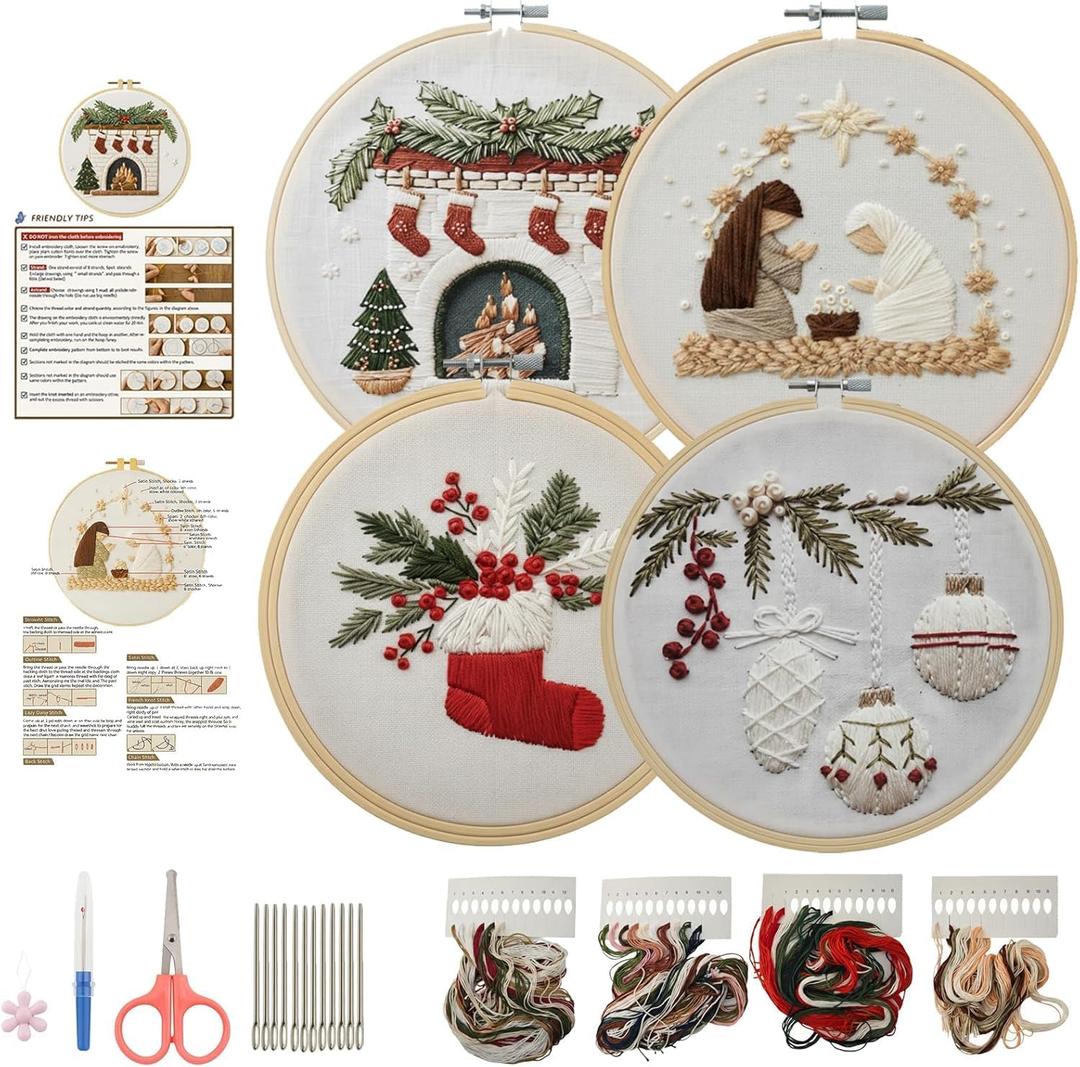 BuyaCraft 4 Sets Easter Embroidery Kit, Cross Stitch Kits, Embroidery Kit for Beginners with Pattern,Tools and Teaching Instructions (Ornaments+Stocking+Fireplace+Nativity Manger)