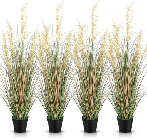 Jexine 4 Pcs Tall Artificial Grass Plant 4 ft Potted Artificial Greenery Floor Plants Faux Pampas Grass Tall in Pot for Housewarming Gift House Garden Bathroom Lobby Outdoor Decoration