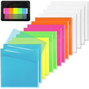 800 Sheets Transparent Sticky Notes, 3x3 Inch 14 Pads Self-Adhesive Translucent Clear See Through Post Sticky Notes for Planner Office School College Teacher Student Supplies 6 Bright Color