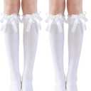 2 Pair White Cute Long Ruffle Knee High Lace Socks, Medias Blancas Altas Largas Para Nias (White)