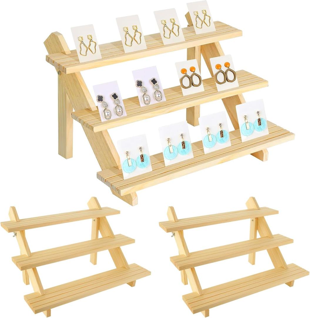 Acrux7 2 Pack 3 Tier Wooden Display Stand, Wooden Earring Display Wood Cupcake Stands, Detachable Wood Tiered Jewelry Card Display Stand with Groove for Jewelry Cupcake Vendors Retail Party Home