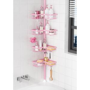 KEGII Shower Caddy Tension Pole, 4-Tier Rustproof Adjustable Corner Bathroom Organizer for Renters, 25114.2 Inch No Drill Space-Saving Shower Storage Rack, Pink