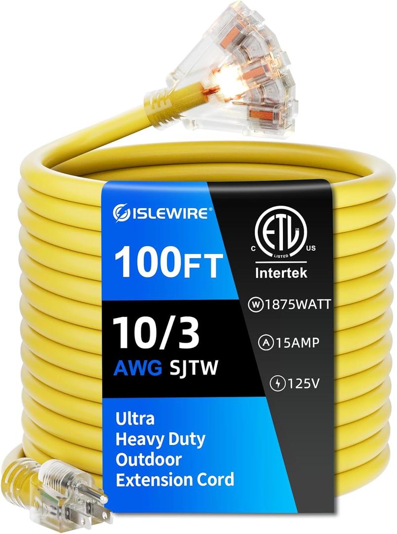 100FT 10 Gauge Outdoor Extension Cord with Multiple Outlets, Heavy Duty Waterproof 3 Prong Power Cord with Lighted 3-Outlets, 15A 1875W Yellow Extension Cord for Garage, Garden, Jobsite, ETL Listed