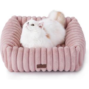 Bedsure ComfyFleece Cute Dog Bed for Small Dogs & Cats - Washable Furry Puppy Beds, Rectangle Orthopedic Corduroy Fleece Pet Beds with Removable Zipper Cover, 20x19x6inches, Blush Pink