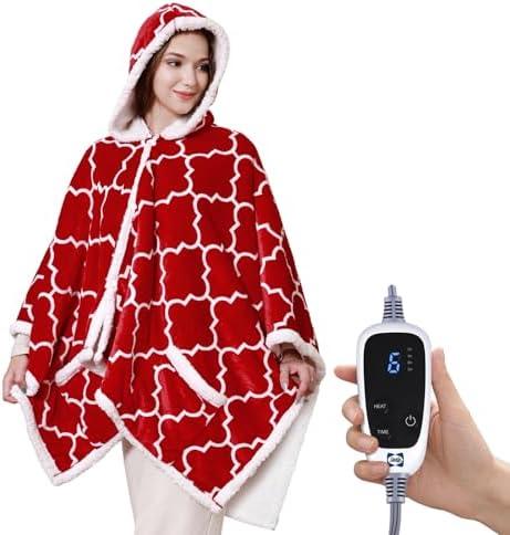 Sealy Wearable Heated Throw Blanket, Flannel & Sherpa Electric Throw Shawl Poncho with Hoodie & Pocket, 6 Heating Levels & 2-10 Hours Auto Shut Off, Machine Washable, 50x60 Inch, Red