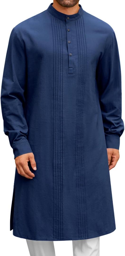 Runcati Mens Kaftan Robe Button Down Long Sleeve Cotton Linen Thobe Casual Muslim Gown Henley Shirt (X-Large, Navy)