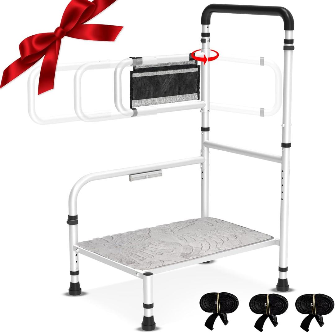 Bed Step Stool for Elderly/High Bed, 360  Anti Fall ArmrestSupport 800 lbs, 8-Level Adjustable Height, Storage Bag, Memory Sponge Carpet, USB Light, 3 4m Fixed Strap, for Bed Height Below 40
