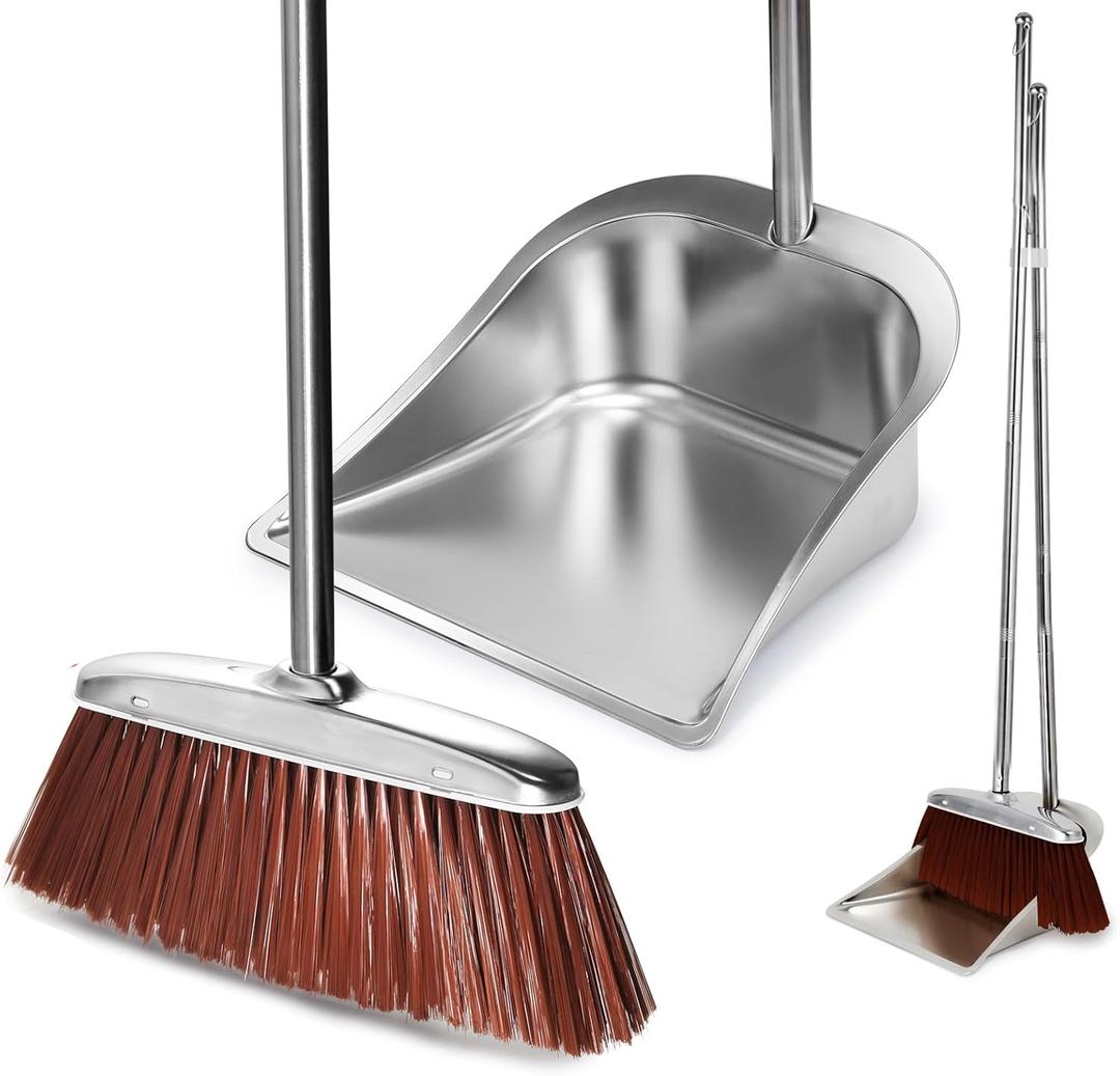 Broom and Dustpan Set for Home, 56" Kitchen Broom with Dustpan Combo Set, Heavy Duty Dustpans with Long Handle, Upright Metal Dust Pan Brooms for Sweeping Indoor Outdoor Home Office Lobby Floor