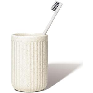 Beige Speckled Ceramic Toothbrush Holder, Rippled Cylinder Tumbler for Bathroom Countertop, Makeup Brush Holder, Pen Organizer, Multipurpose Bathroom Accessory