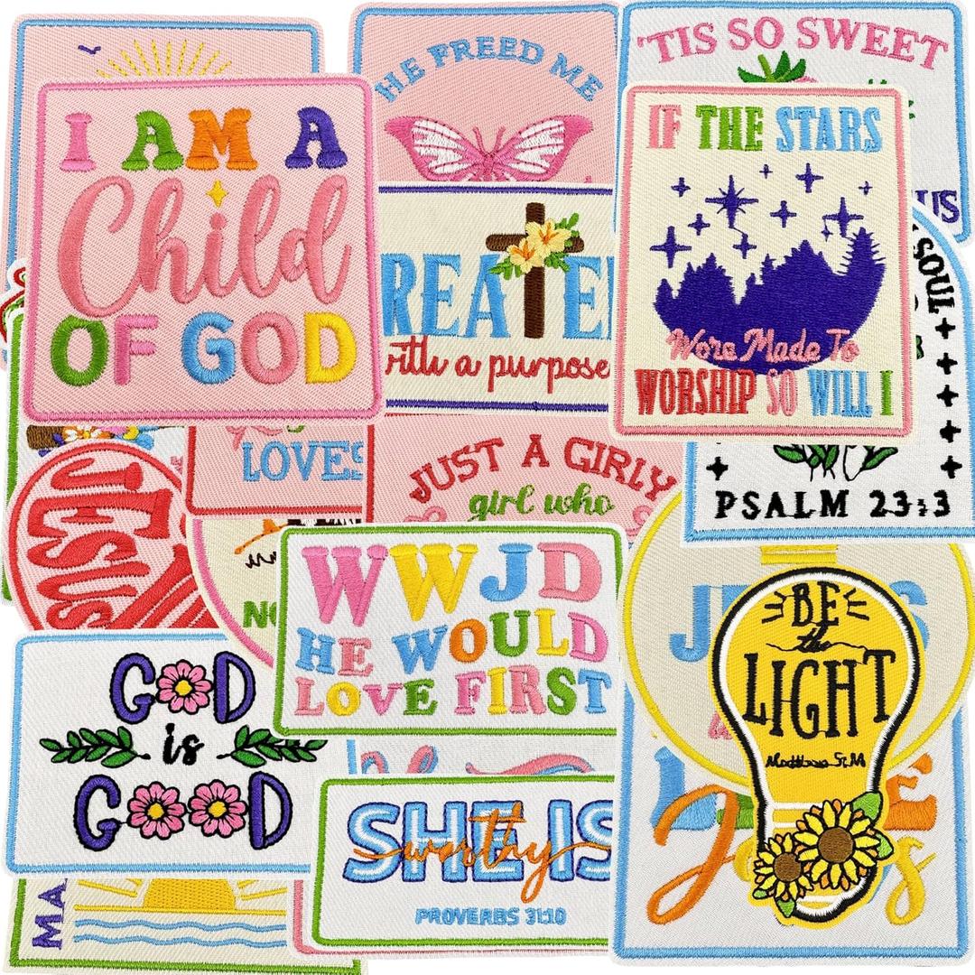 Jongdari Christian Patches Iron on, 20pcs Embroidered Love Like Jesus Gods Religious Positive Affirmations Inspirational Trucker Hat Patches Applique for Bags Clothes Jackets