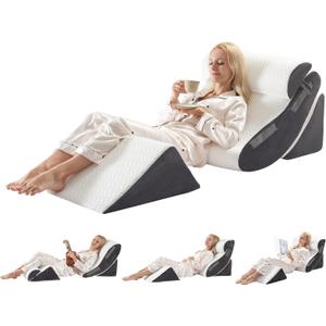 4PCS Orthopedic Bed Wedge Pillow Set for Sleeping, Post Surgery Foam Support Pillows for Back, Neck and Leg Pain Relief, Adjustable Triangle Pillow  Acid Reflux, GERD & Snoring Recovery, White Grey