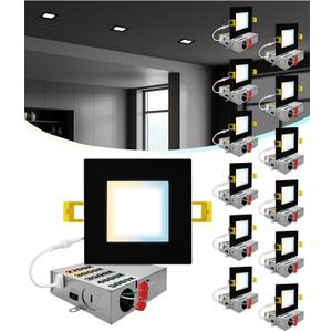 NUWATT 12 Pack 4 Inch Square Ultra-Thin LED Recessed Lighting, Selectable 2700K/3000K/3500K/4000K/5000K, 630 Lumens Dimmable, IC Rated, Black Slim Panel Light, Canless Wafer Lights, Metal J-Box