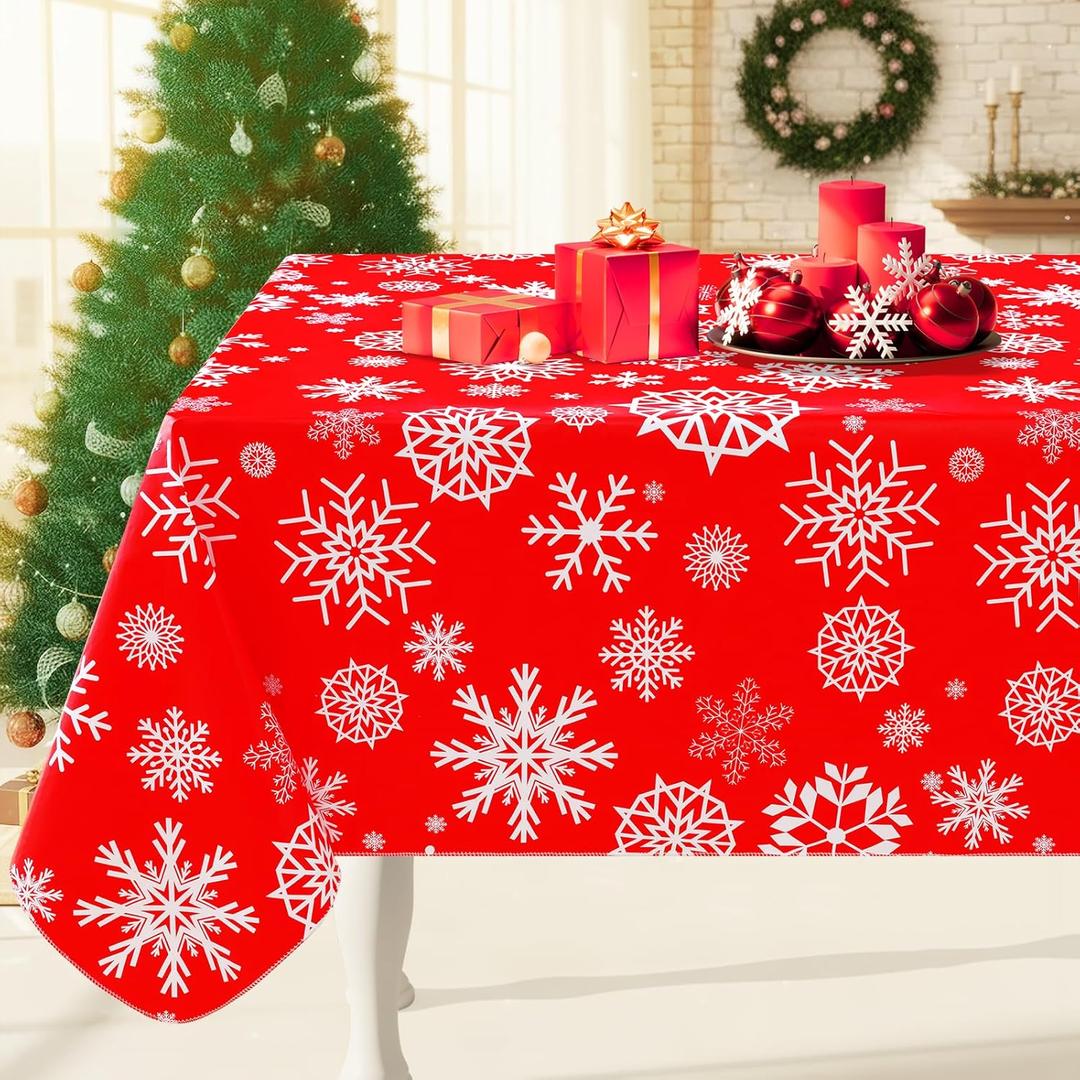 Smiry Christmas Rectangle Table Cloth, Waterproof Vinyl Tablecloth with Flannel Backing, Wipeable Snowflake Plastic Tablecloths for Christmas Table Decorations, (60"x84", Christmas Red)