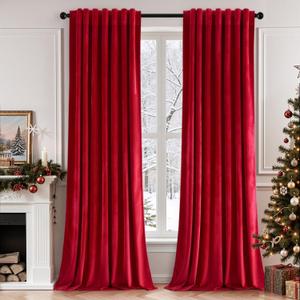 EMEMA Christmas Velvet Curtains 90 inches Room Darkening Back Tab and Rod Pocket Thermal Insulated Drapes Luxury Red Window Curtains for Bedroom Living Room W52 x L90 2 Panels