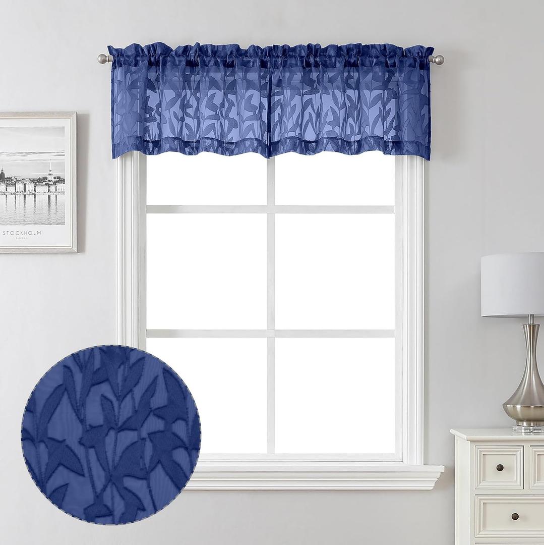 Lecloud Leia Dusty Blue Sheer Valance for Windows 14 Inch Length 2 PCS, Dual Rod Pockets Living Room Bedroom Short Curtains, Jacquard Clip Textured Leaf Window Treatments, 40 W x 14 L