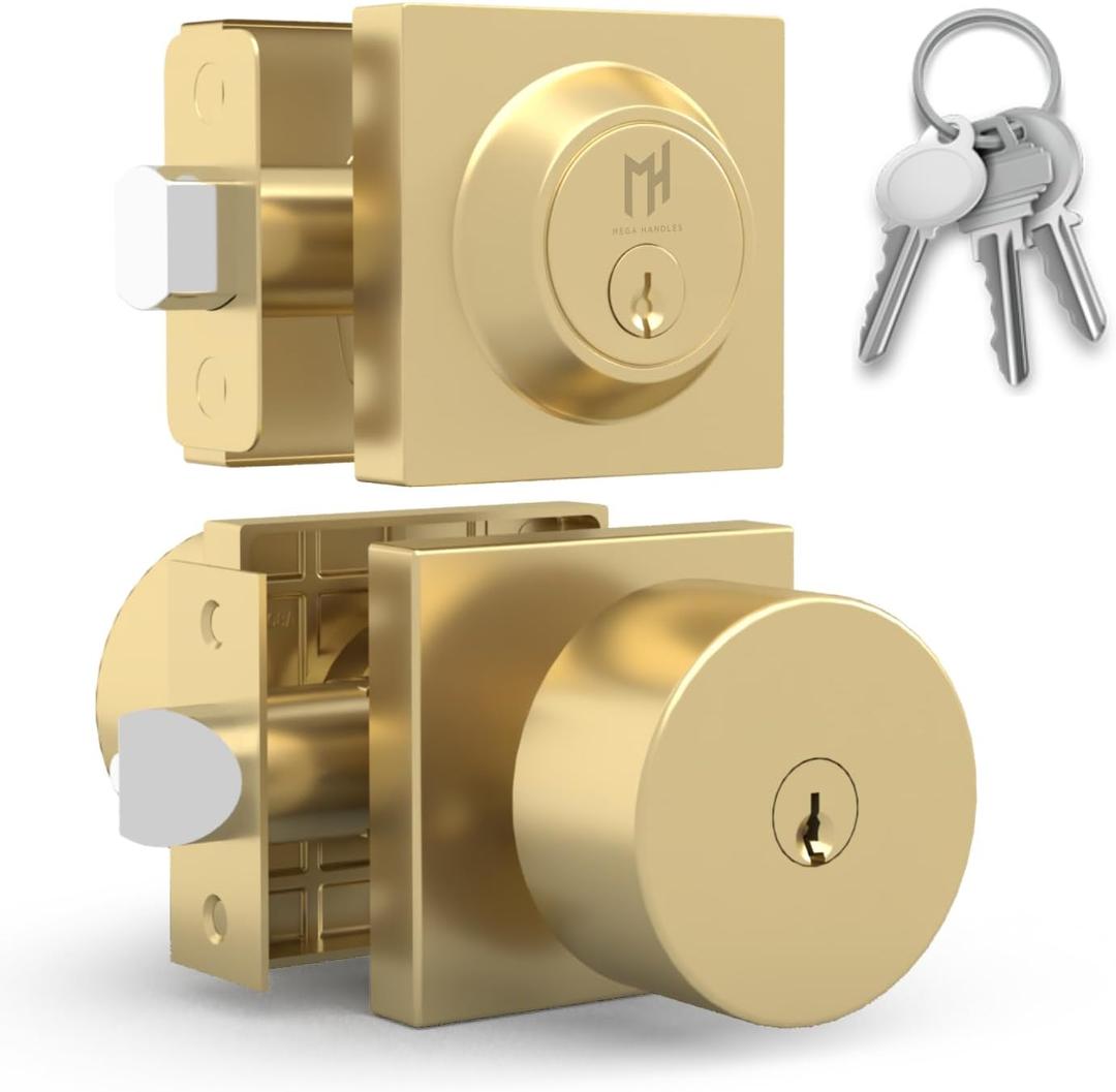Mega Handles SUANA Entrance Combo, Door Knob and Cylinder Deadbolt and Key Combo, Heavy Duty Locking Door Knobs for Left or Right-Handed Doors Satin Brass