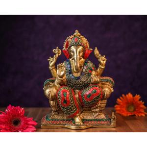 SHIVAJIARTS Brass Ganesh Statue, 25CM Big Size Inlay Work Ganesha Idol, Hindu Deity of God Luck, Vinayak Ganpati, Lord of Wisdom, Brass Sculpture Figurine