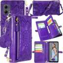 Harryshell Crossbody for Motorola Moto Edge 2024 Wallet Case [10 Card Slots] with [Theft-Scan Blocking],Cash Coin Zipper Pocket Long Shoulder & Wrist Strap (Floral Purple)