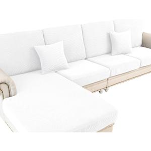 LA MEACK Couch Cushion Covers for Sectional Sofa L Shape Washable Separate Seat Chaise Couch Cover Stretch Sofa Slipcovers with 2 Pcs Pillowcases(3 Seater + 1 Chaise, White)